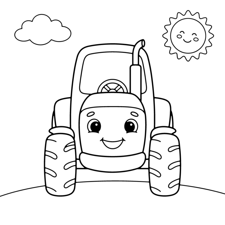 Na obrazku znajduje się duży, uśmiechnięty traktor z wielkimi kołami, stojący na wprost na tle zielonego pagórka, puszystej chmurki i roześmianego słoneczka.