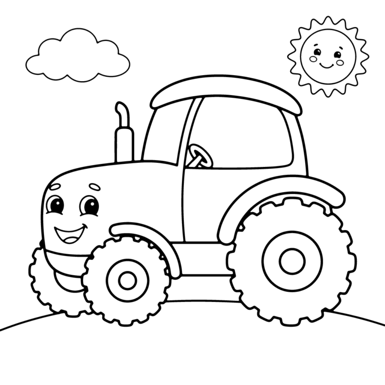 Na obrazku znajduje się duży, wesoły traktor z uśmiechniętą buźką na masce, jadący w lewo po łagodnym zielonym pagórku pod pogodnym niebem, na którym widać puszystą chmurkę i roześmiane słoneczko.