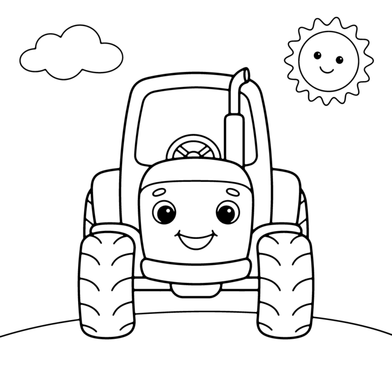 Na obrazku znajduje się duży, wesoły traktor z uśmiechniętą buźką, stojący na wprost na zielonym pagórku pod pogodnym niebem, na którym widać puszystą chmurkę i roześmiane słoneczko.