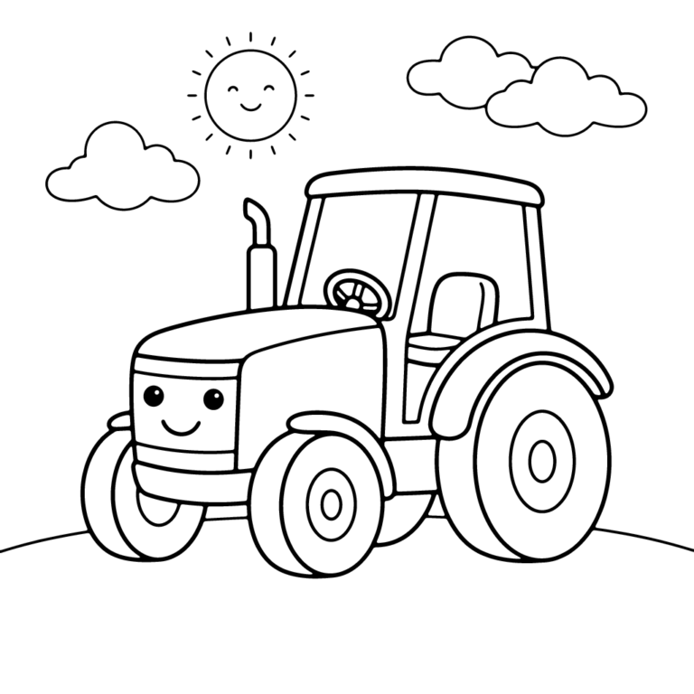 Na obrazku znajduje się uśmiechnięty traktor z wielkimi kołami, jadący po pagórku pod uśmiechniętym słońcem i chmurkami.