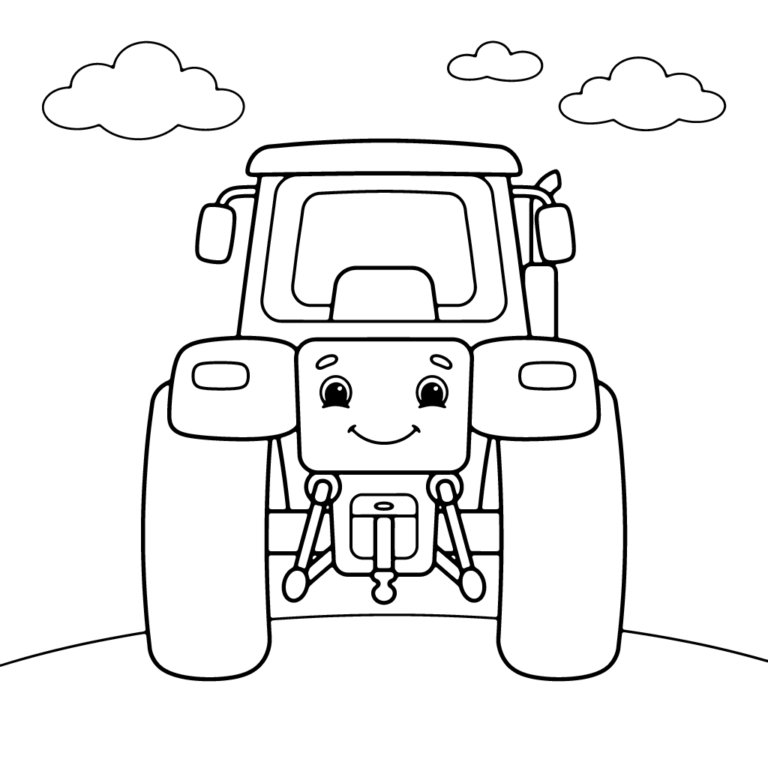 Na obrazku znajduje się uśmiechnięty traktor pokazany od przodu, stojący na zielonym tle pod puszystymi chmurkami.