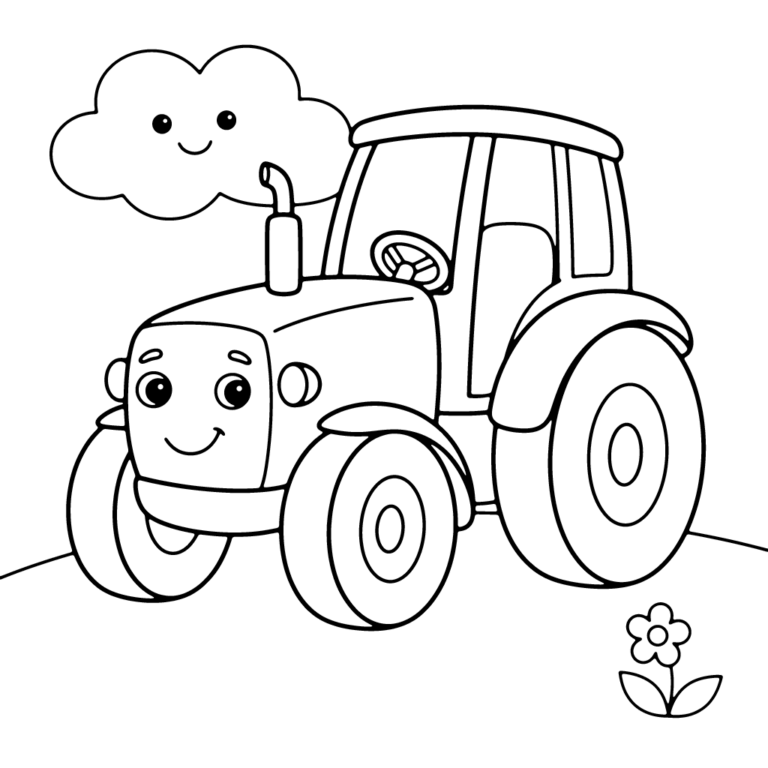 Na obrazku znajduje się uśmiechnięty traktor z dużymi kołami, stojący na łące pod uśmiechniętą chmurką i małym kwiatkiem.