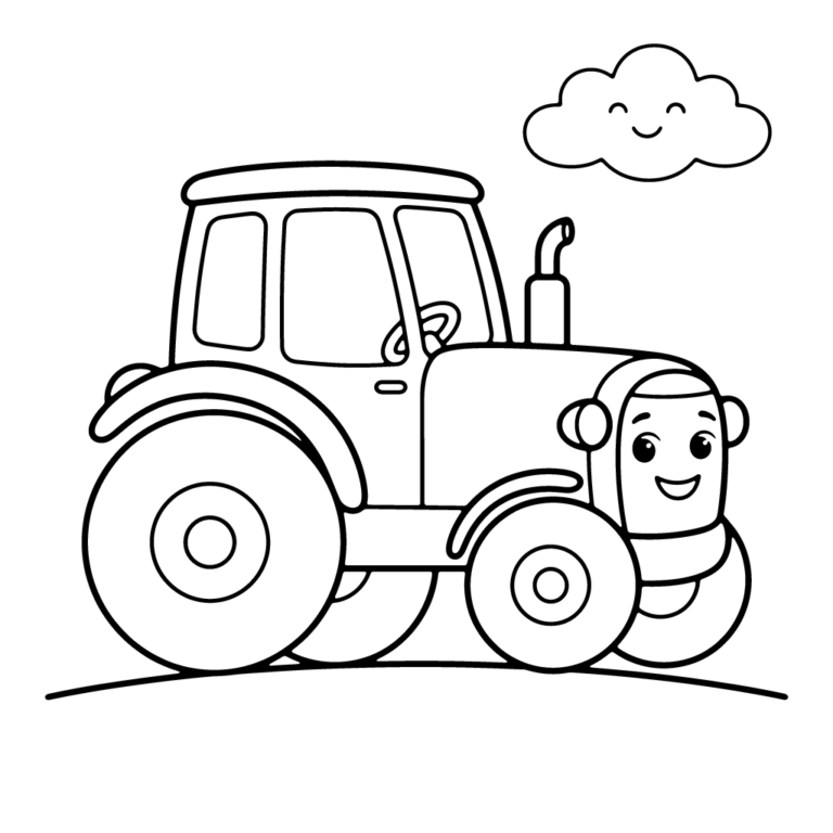 Na obrazku znajduje się uśmiechnięty, czerwony traktor z dużymi kołami, jadący po zielonym pagórku pod radosną chmurką.