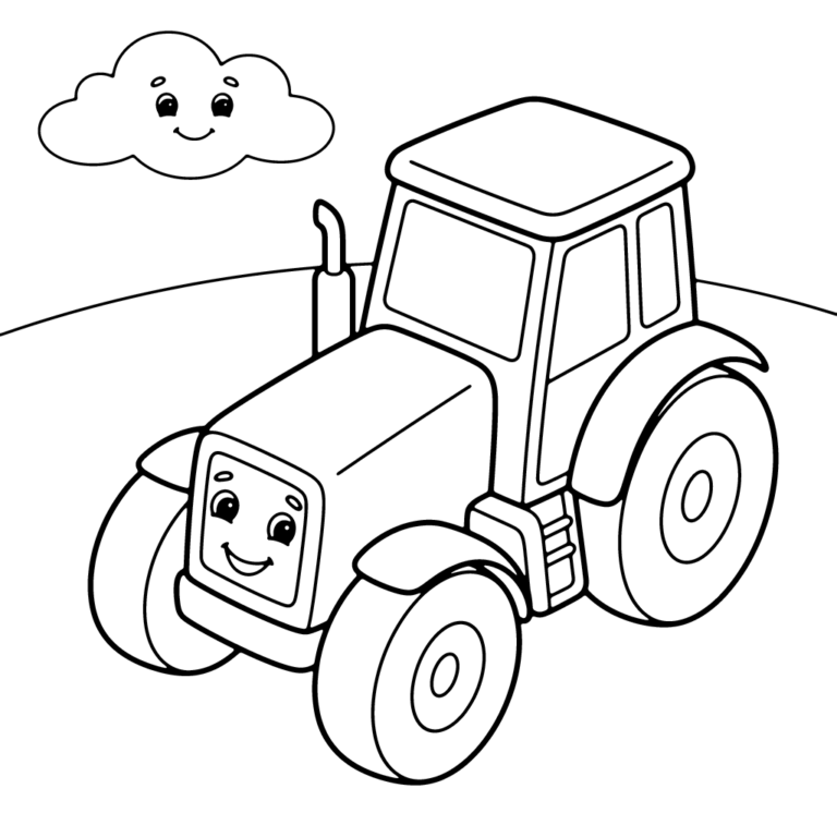 Na obrazku znajduje się wesoły traktor z buźką na masce, który stoi na prostym polu pod uśmiechniętą chmurką.