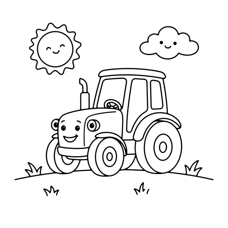 Na obrazku znajduje się uśmiechnięty traktor z wielkimi kołami, radosne słoneczko, uśmiechnięta chmurka oraz kępki trawy na wzgórzu.