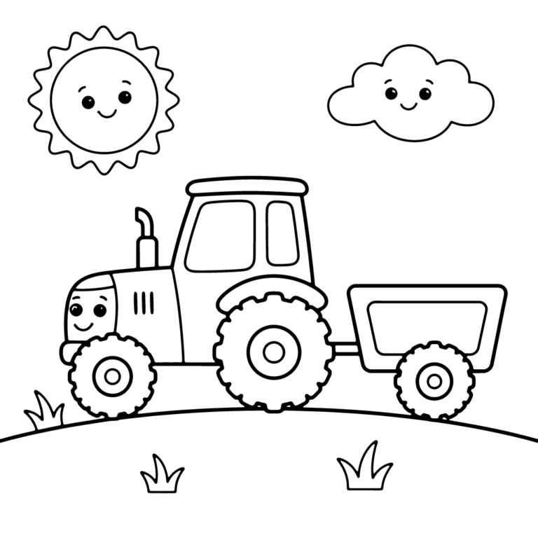 Na obrazku znajduje się uśmiechnięty traktor z przyczepką, widziany z profilu, jadący po łące z radosnym słoneczkiem i chmurką.