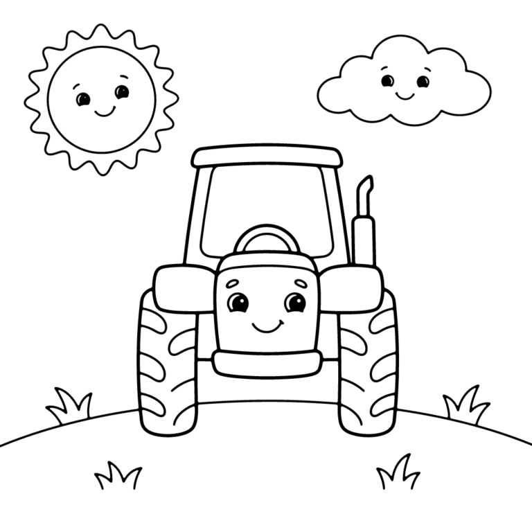 Na obrazku znajduje się uśmiechnięty traktor z dużymi kołami, widziany od strony tyłu, stojący na łące pod wesołym słoneczkiem i chmurką.