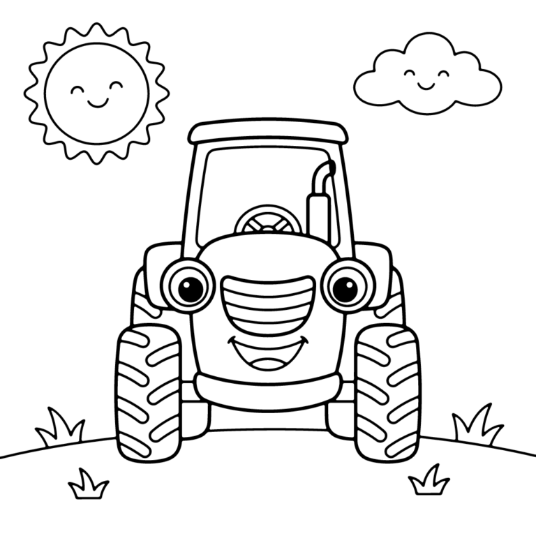 Na obrazku znajduje się uśmiechnięty traktor z wielkimi kołami, który stoi na wzgórzu pod radosnym słoneczkiem i chmurką.