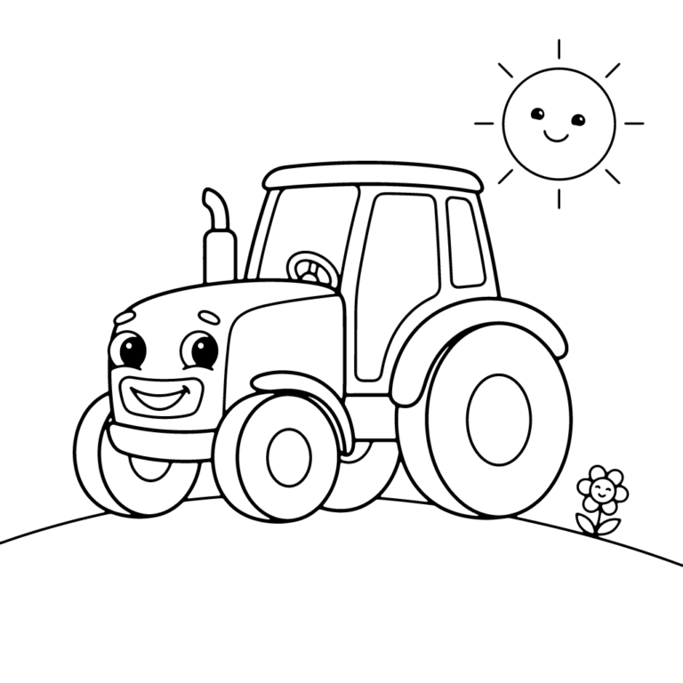 Na obrazku znajduje się uśmiechnięty traktor stojący na wzgórzu obok radosnego słoneczka i małego kwiatka.