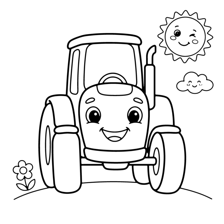 Na obrazku znajduje się duży, uśmiechnięty traktor widziany z przodu, stojący na pagórku pod radosnym słoneczkiem i chmurką, z małym kwiatkiem u boku.