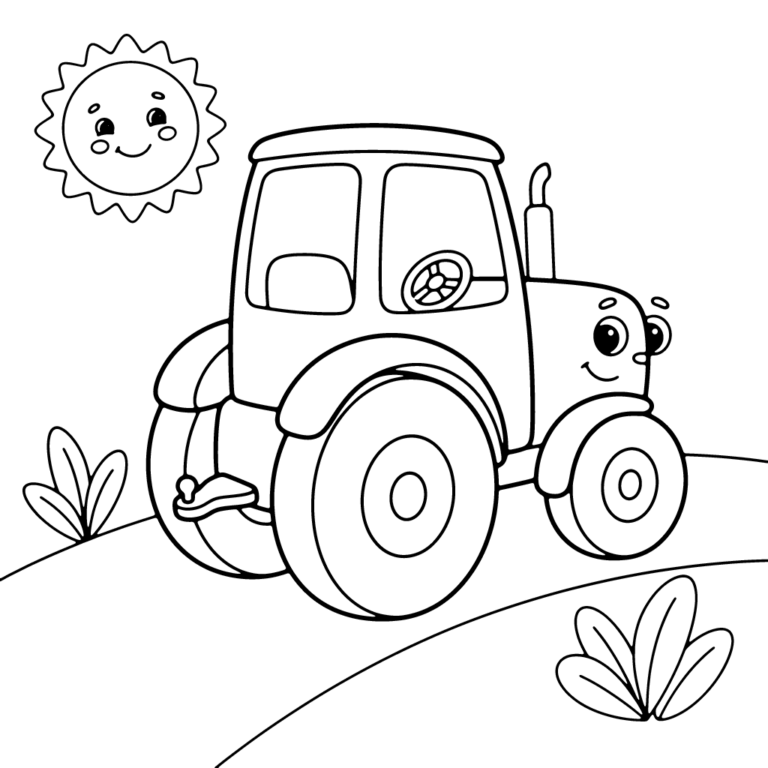 Na obrazku znajduje się uśmiechnięty traktor widziany od tyłu, poruszający się po wiejskiej drodze obok dwóch kęp trawy i radosnego słoneczka na niebie.