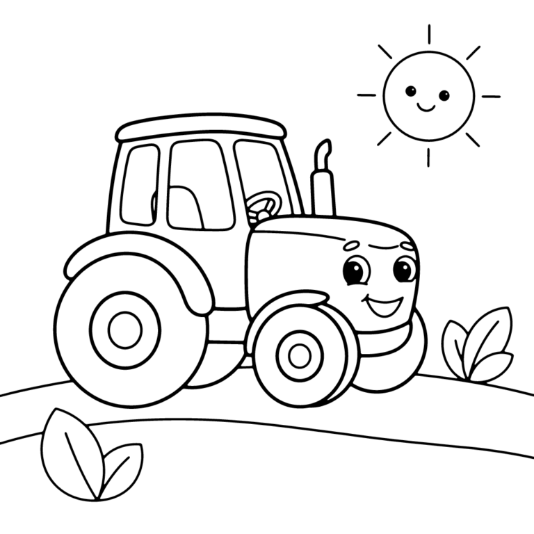 Na obrazku znajduje się uśmiechnięty czerwony traktor z radosną buźką, który jedzie przed siebie po wiejskiej drodze w towarzystwie wesołego słoneczka i dwóch listków.