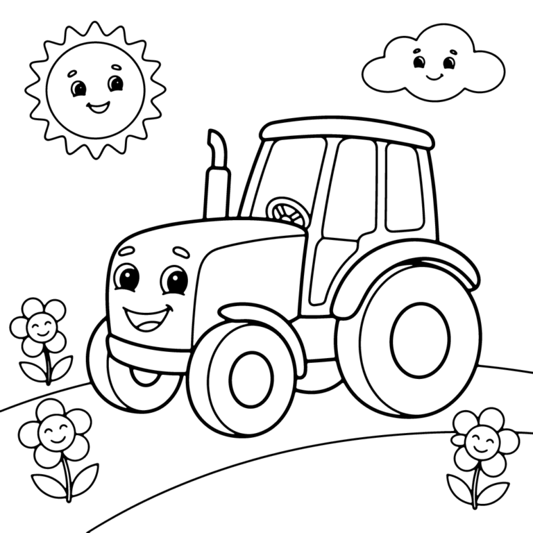 Na obrazku znajduje się duży, uśmiechnięty traktor stojący na łące, otoczony przez trzy radosne kwiatki, z uśmiechniętym słoneczkiem i chmurką na niebie.