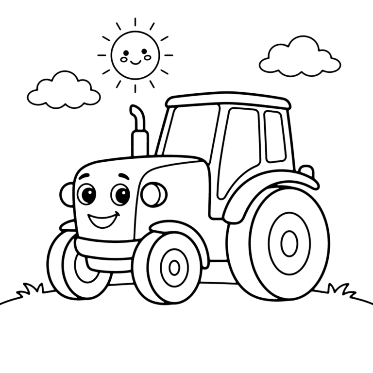 Na obrazku znajduje się uśmiechnięty traktor na tle słoneczka i chmurek.