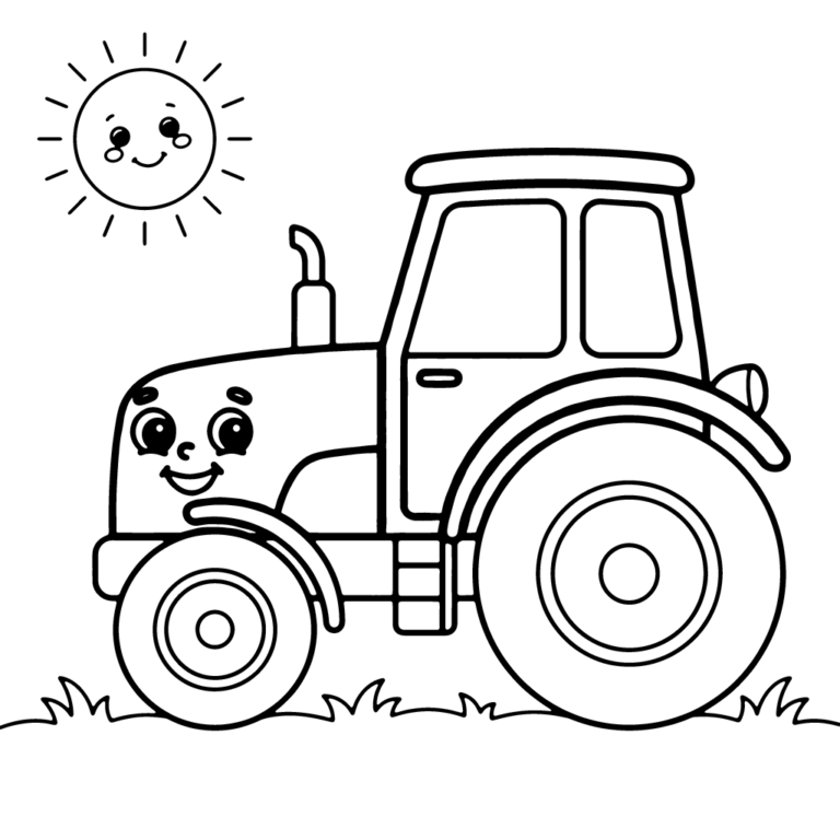 Na obrazku znajduje się przyjazny traktor z uśmiechniętą twarzą na masce, jadący po trawie w pobliżu uśmiechniętego słońca.