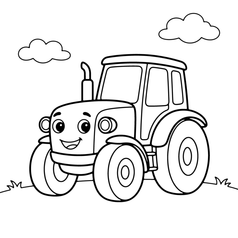 Na obrazku znajduje się uśmiechnięty zielony traktor z dużą buźką na masce, stojący na prostej linii trawy pod dwiema chmurkami.