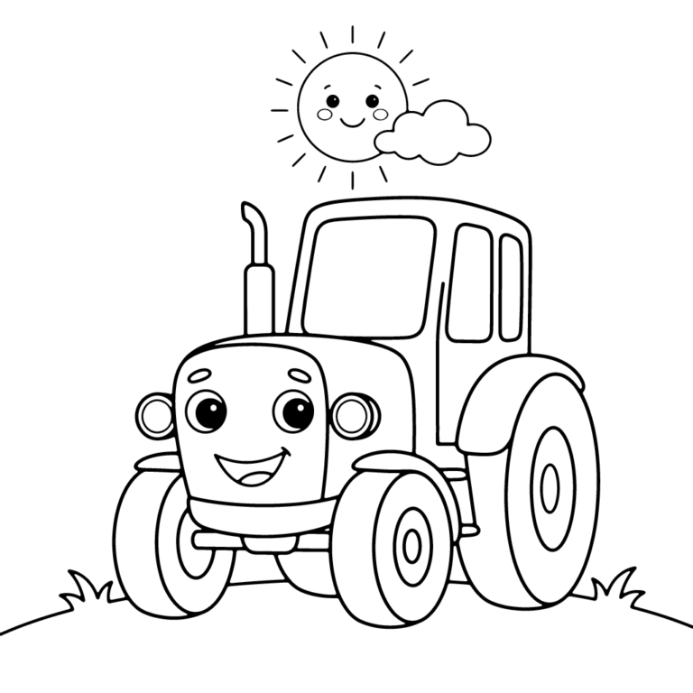 Na obrazku znajduje się duży, uśmiechnięty traktor stojący na trawie, z radosnym słoneczkiem i chmurką w tle.