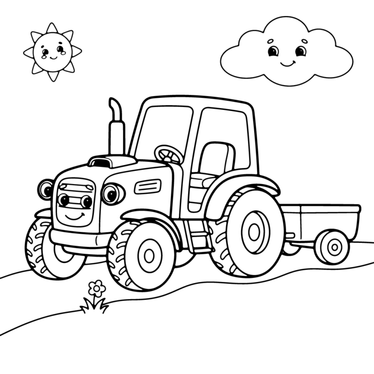 Na obrazku znajduje się uśmiechnięty traktor z małą przyczepą, uśmiechniętym słoneczkiem, chmurką oraz kwiatkiem na trawie.