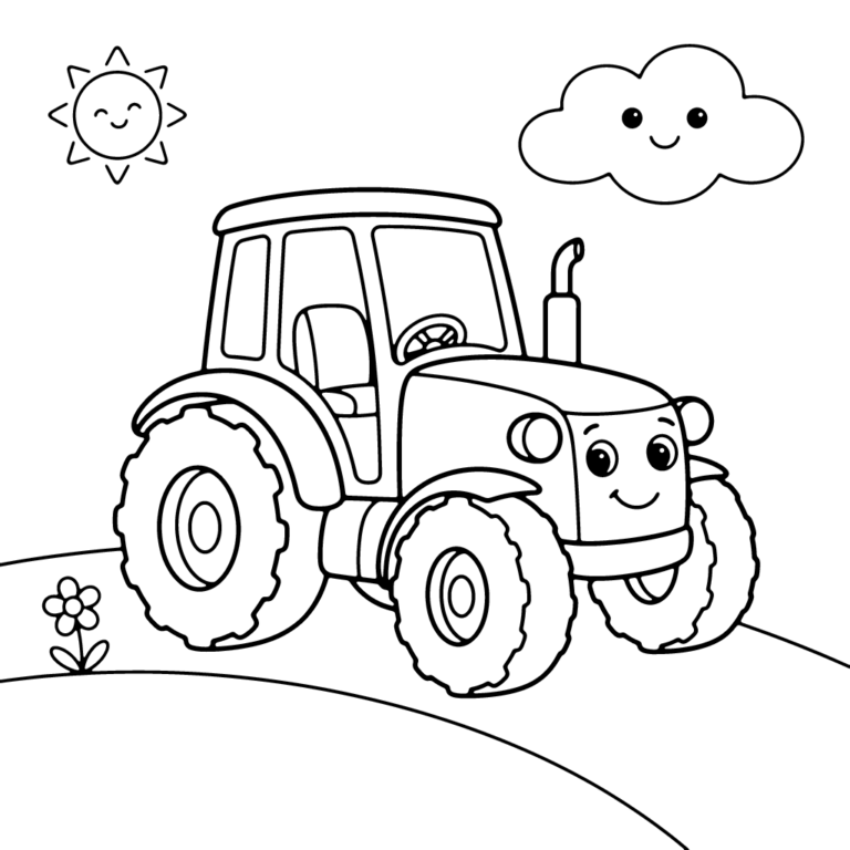 Na obrazku znajduje się duży, uśmiechnięty zielony traktor z dużymi kołami, który stoi na zielonej łące pod wesołym słoneczkiem i chmurką, a obok niego rośnie mały kwiatek.