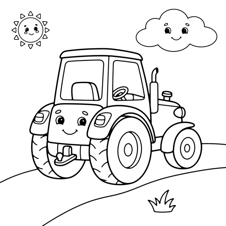 Na obrazku znajduje się duży, żółty traktor z uśmiechniętą buźką, który jedzie polną drogą i jest widziany od tyłu, a nad nim unosi się wesołe słoneczko i chmurka.