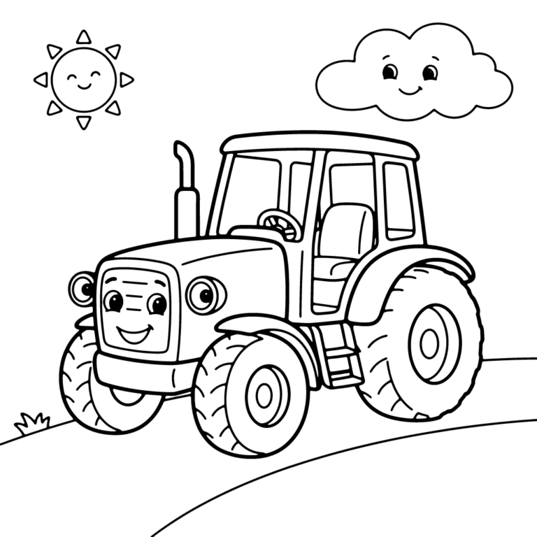Na obrazku znajduje się uśmiechnięty niebieski traktor z dużymi kołami, który jedzie po polnej drodze w towarzystwie uśmiechniętego słoneczka i chmurki.