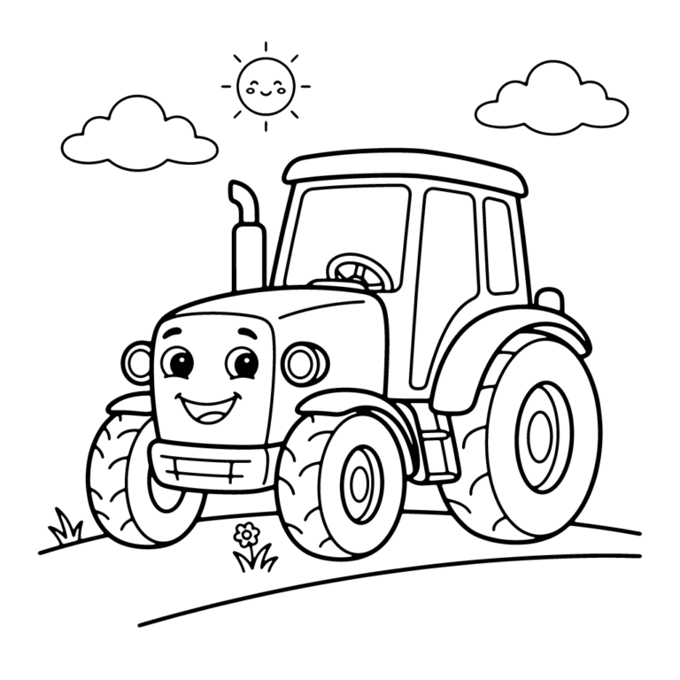 Na obrazku znajduje się uśmiechnięty traktor z buźką, który jedzie drogą w otoczeniu chmur i radosnego słoneczka.
