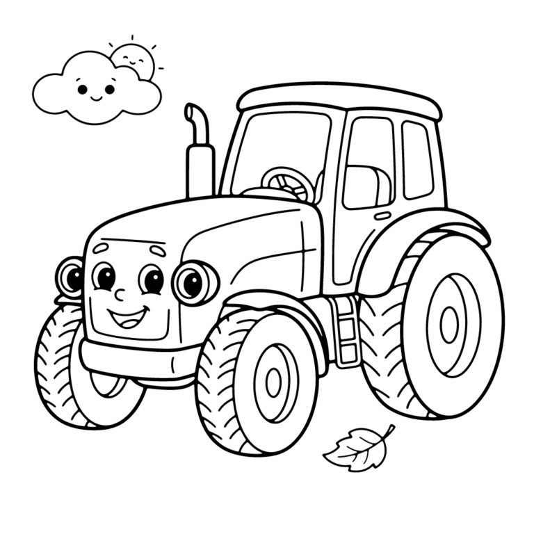 Na obrazku znajduje się uśmiechnięty traktor z buźką, który jedzie w towarzystwie chmurki ze słońcem i małego listka.