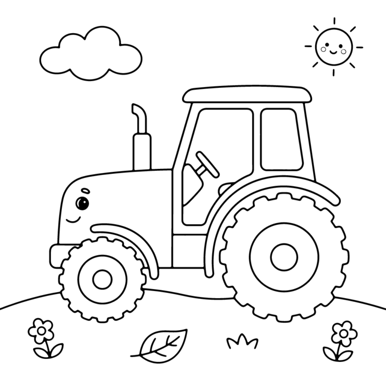 Na obrazku znajduje się duży, uśmiechnięty traktor, który stoi na zielonej łące z kwiatkami i trawą, a nad nim świeci słońce i widać chmurkę.