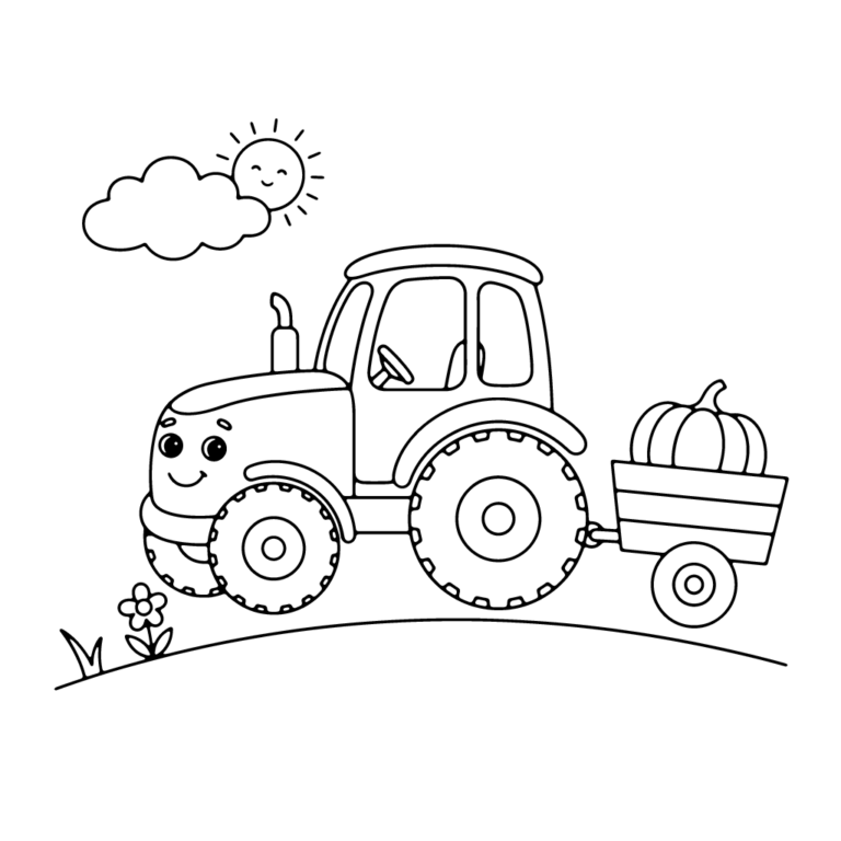 Na obrazku znajduje się uśmiechnięty traktor, który ciągnie za sobą przyczepkę wypełnioną dużą dynią.