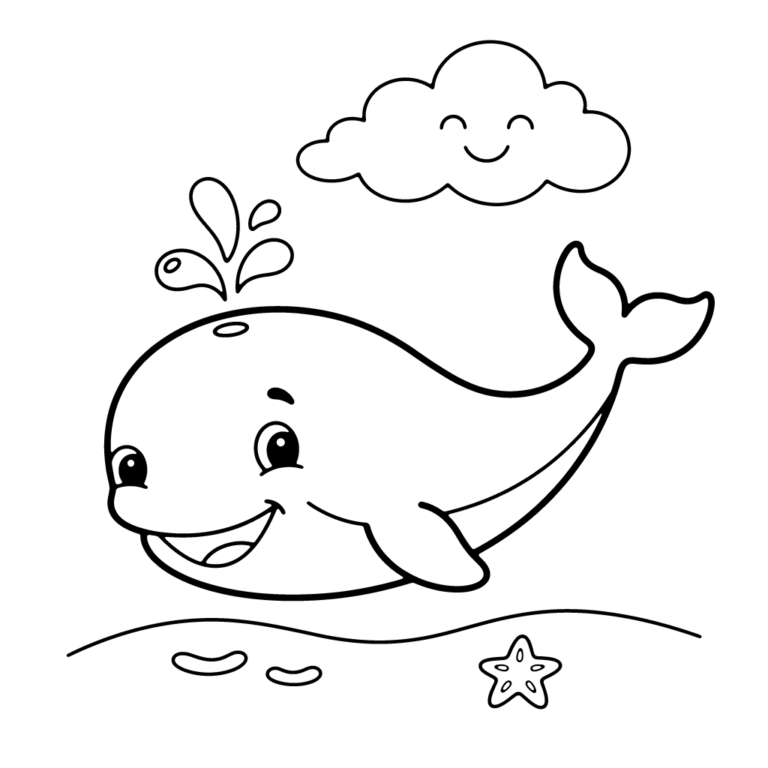Na obrazku znajduje się szeroko uśmiechnięty wieloryb wypuszczający małą fontannę wody ponad taflą oceanu, nad którym unosi się wesoła chmurka z oczami i buzią.