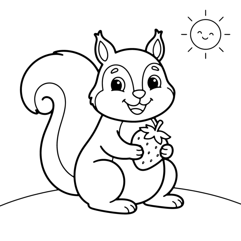 Na obrazku znajduje się uśmiechnięta wiewiórka siedząca na pagórku i trzymająca w łapkach dojrzałą truskawkę, a w górze świeci wesołe słoneczko.