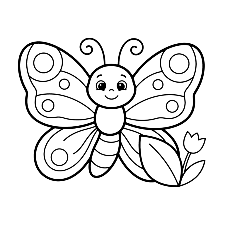 Na obrazku znajduje się duży, uśmiechnięty motyl z wzorzystymi skrzydłami, stojący obok małego kwiatka i listka.