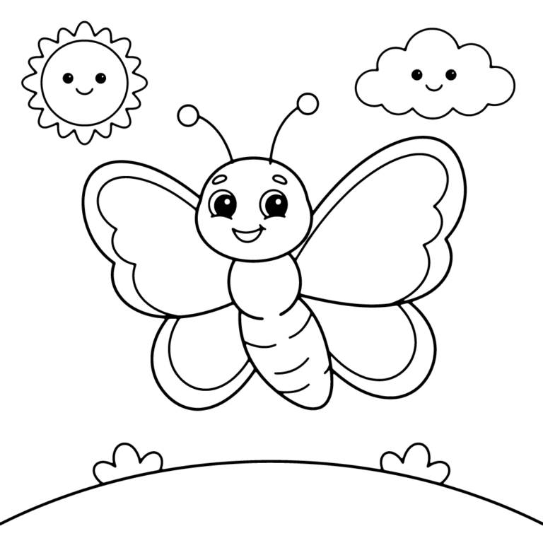 Na obrazku znajduje się duży, uśmiechnięty motyl z szeroko rozpostartymi skrzydłami, lecący nad prostą linią trawy.