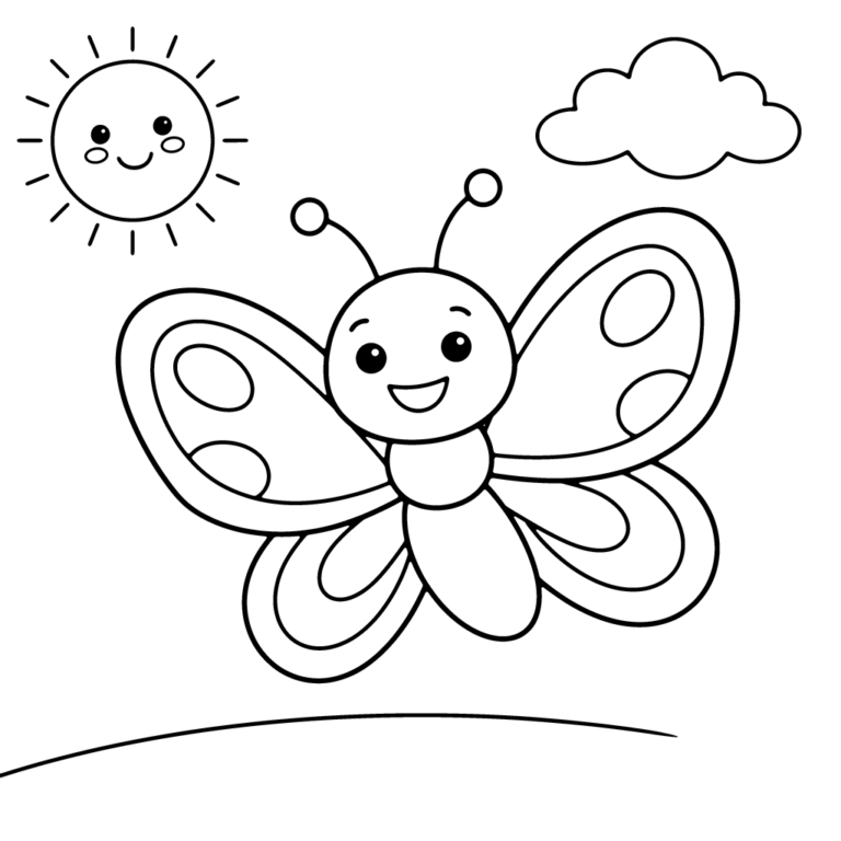 Na obrazku znajduje się duży, uśmiechnięty motyl z prostymi wzorami na skrzydłach, który lata na tle puszystej chmurki i wesołego słoneczka.
