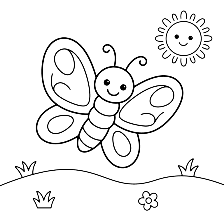 Na obrazku znajduje się uśmiechnięty motyl z dużymi skrzydłami unoszący się nad trawą w towarzystwie radosnego słonecznika.