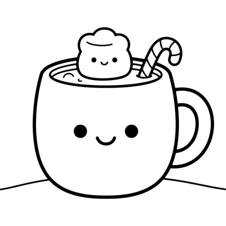Na obrazku znajduje się uśmiechnięty kubek z gorącym napojem, pianką marshmallow i lizakiem cukrowym, ustawiony centralnie na prostym tle.