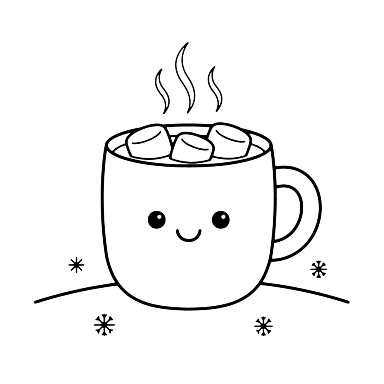 Na obrazku znajduje się duży, uśmiechnięty kubek gorącego kakao z trzema piankami marshmallow i unoszącą się parą, stojący na śniegu w otoczeniu płatków śniegu.