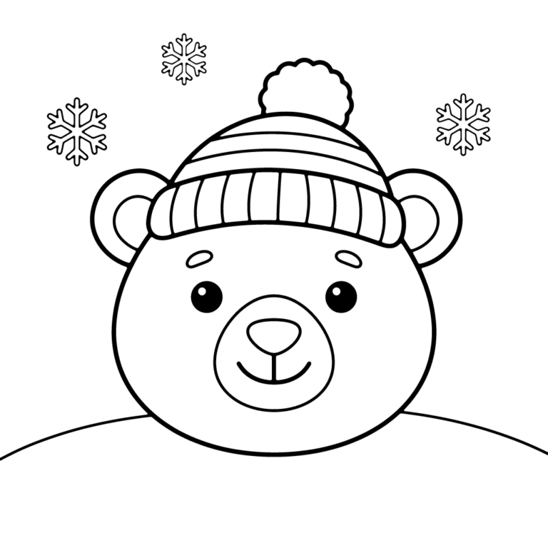 Na obrazku znajduje się głowa uśmiechniętego misia polarnego w puszatej czapce z pomponem, otoczona trzema śnieżynkami.