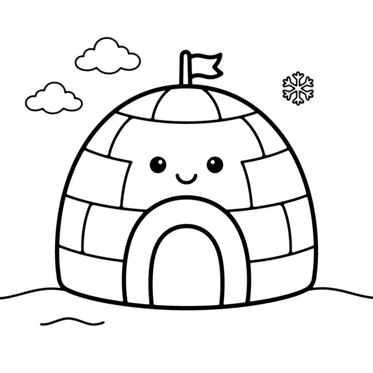 Na obrazku znajduje się uśmiechnięte igloo z chorągiewką na dachu, stojące na śniegu w towarzystwie chmurek i płatka śniegu.