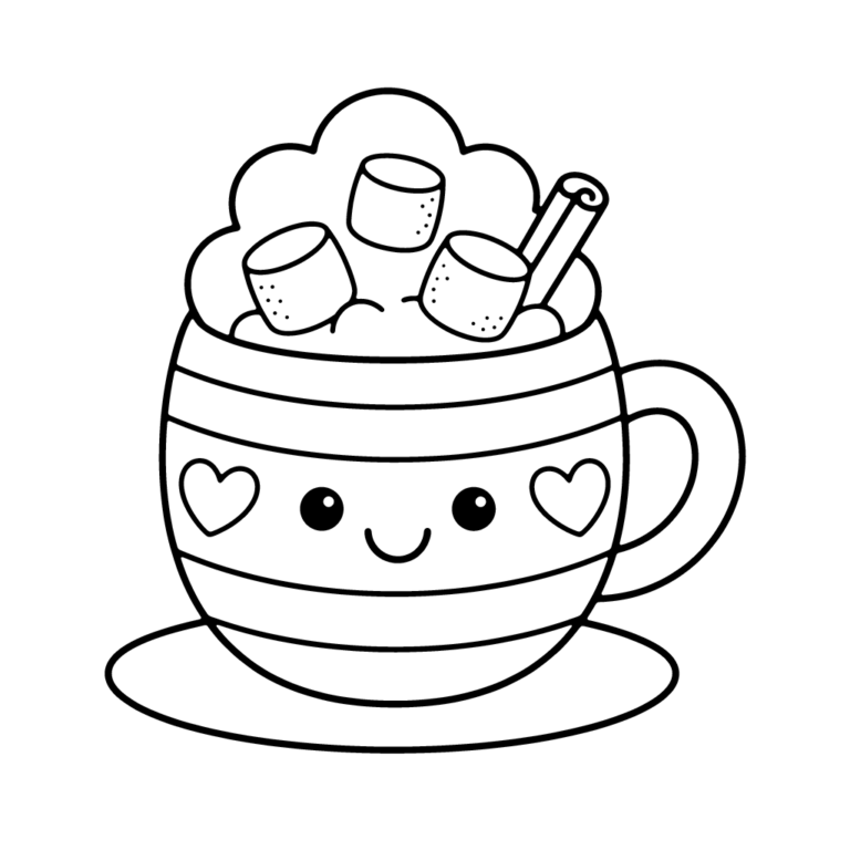 Na obrazku znajduje się uśmiechnięty kubek z piankami marshmallows i laską cynamonu.