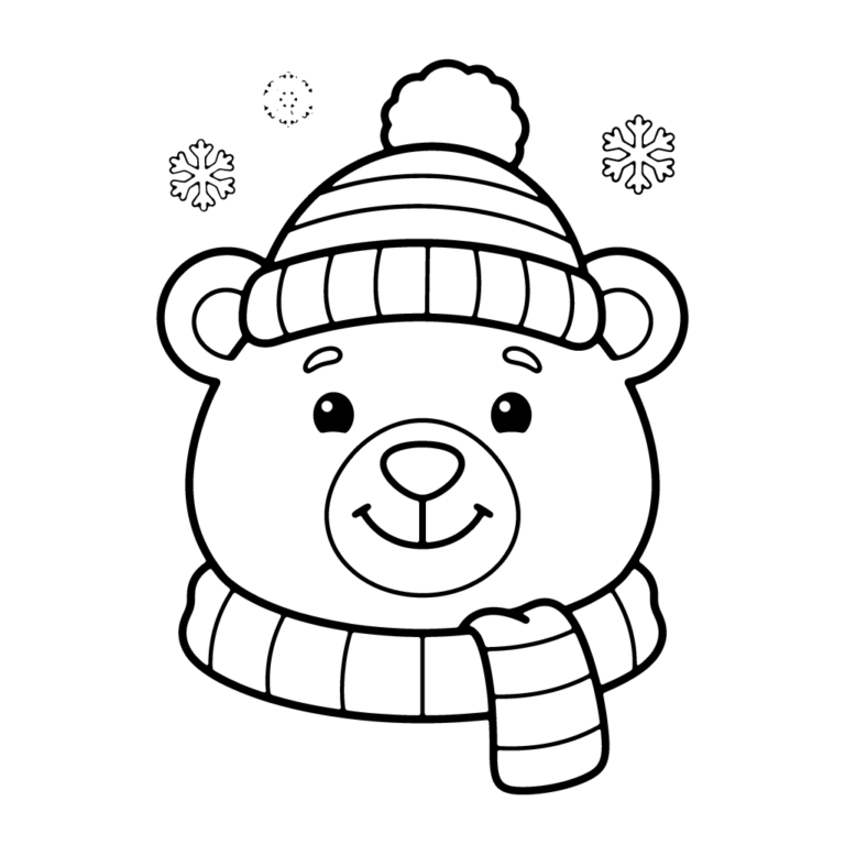 Na obrazku znajduje się uśmiechnięta głowa misia polarnego, ubranego w puszystą, pasiastą czapkę z pomponem oraz pasujący szalik, w otoczeniu trzech śnieżynek.