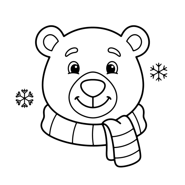 Na obrazku znajduje się duża, przyjazna głowa misia polarnego z radosnym uśmiechem, owinięta w puszysty, pasiasty szalik i otoczona dwoma płatkami śniegu.