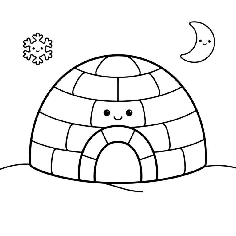 Na obrazku znajduje się duże, wesołe igloo zbudowane z lodowych bloków, z wyraźnym, uśmiechniętą buzią nad wejściem, w towarzystwie uśmiechniętej śnieżynki i księżyca.