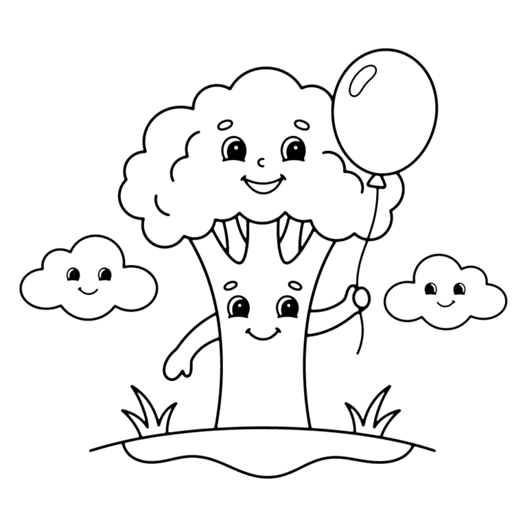 Na obrazku znajduje się uśmiechnięta postać brokuła z rączkami i nóżkami, która trzyma balonik, stojąc na trawie między dwiema uśmiechniętymi chmurkami.