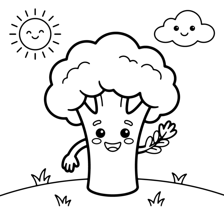 Na obrazku znajduje się uśmiechnięty brokuł z rączką i listkiem, stojący na zielonej trawce w towarzystwie uśmiechniętego słoneczka i chmurki.