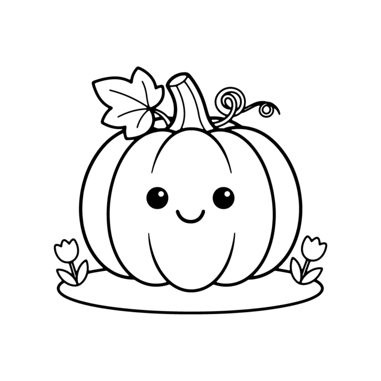 Na obrazku znajduje się urocza, uśmiechnięta dynia otoczona dwoma małymi tulipanami.