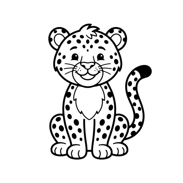 Na obrazku znajduje się uśmiechnięty gepard siedzący dumnie pośrodku strony.