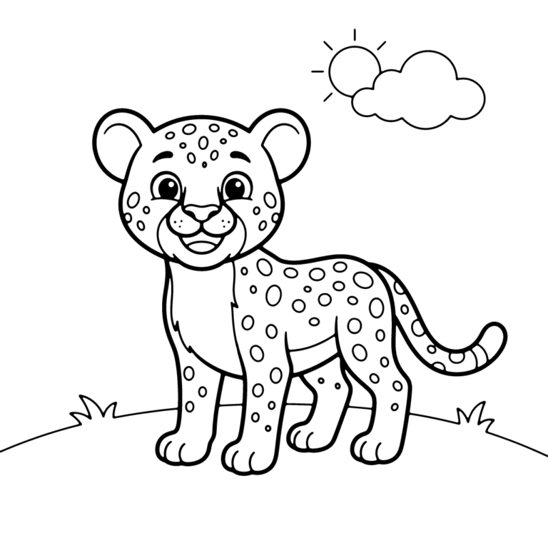 Na obrazku znajduje się mały, uśmiechnięty gepard stojący na trawiastym wzgórzu pod słoneczkiem i chmurką.