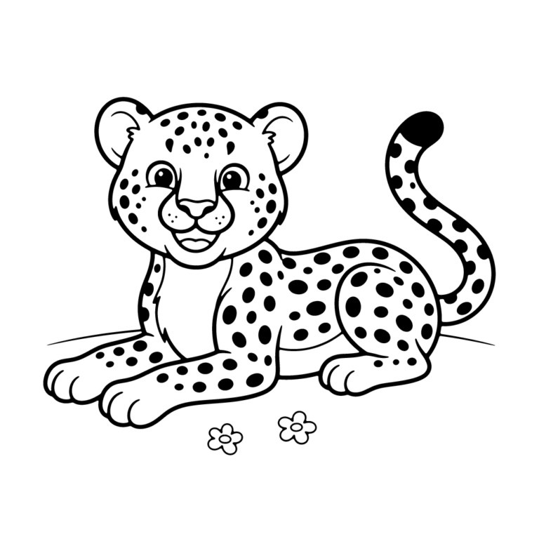Na obrazku znajduje się uśmiechnięty gepard, który leży na brzuchu na prostej linii ziemi, z dwiema małymi kwiatuszkami obok łap.