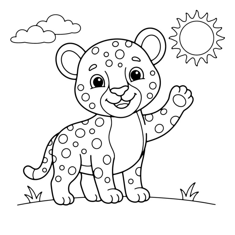 Na obrazku znajduje się uśmiechnięty mały gepard stojący na polanie i machający łapką, z chmurkami i słońcem w tle.